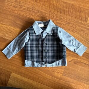 Vintage Baby Boy Size 12 Months Blue Plaid Vest Dress Shirt Set Suit Wedding